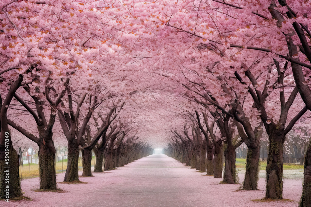 Looking down pathway surrounded by blossoming cherry trees created with Generative AI technology