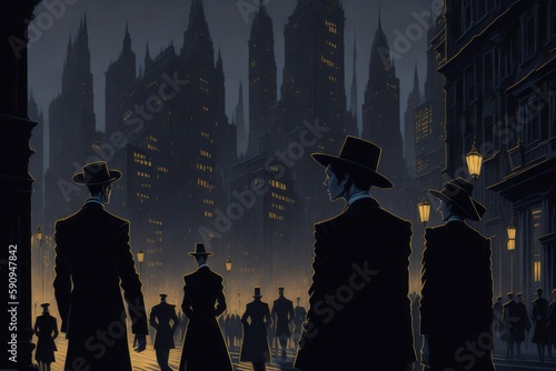 people walking in a crowded city 20th century in neo noir artstyle. Generative AI