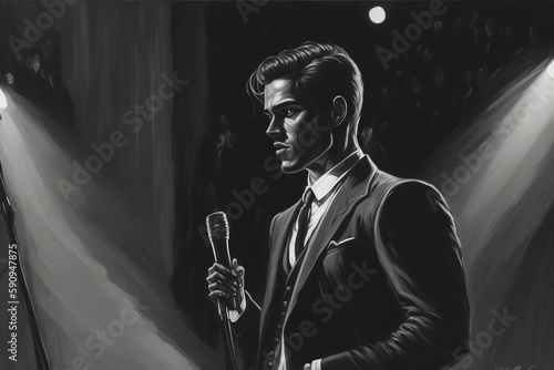 a portrait of a handsome male singer on stage with a microphone in neo noir artstyle. Generative AI photo