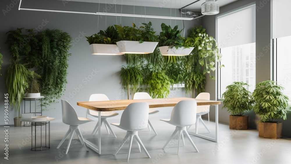 Bringing the Outdoors In: A Refreshing and Serene White Office Space with Lush Green Plants
