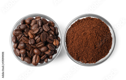 Bowls with ground coffee and roasted beans on white background, top view
