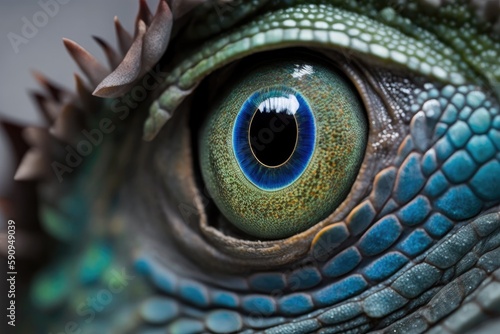detailed close-up of a blue and green lizard's eye. Generative AI © 2rogan