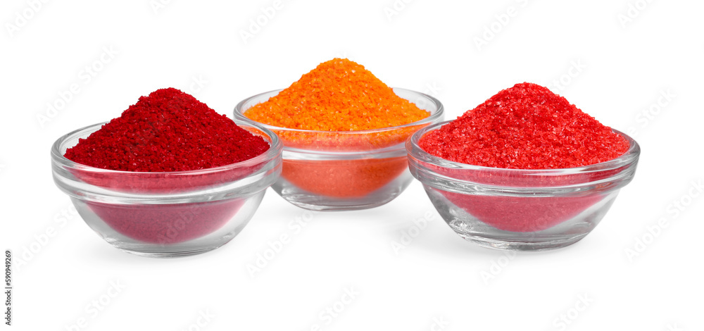 Glass bowls with different food coloring isolated on white Glass bowls with different food coloring isolated on white