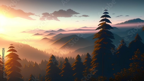 Sunrays and fog over forested hills - generative ai