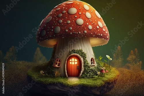 whimsical mushroom house with a vibrant red door nestled in a grassy landscape. Generative AI