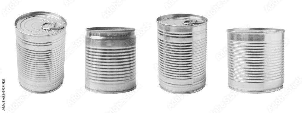 Set of different metal cans on white background Set of different metal cans on white background