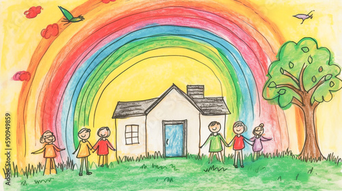 A child's painting of a family with a house and a rainbow.Childhood artwork