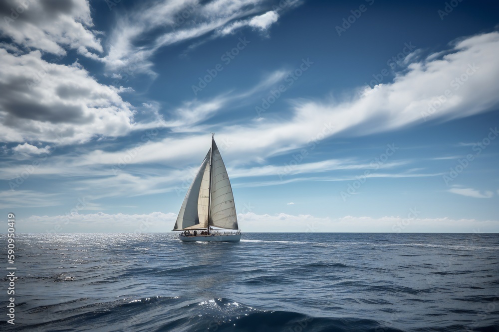 Beach Landscape A sailboat gliding across the water, its sails billowing in the wind, elegant hull, polished wood, white sails, sunlit water 3- AI Generative