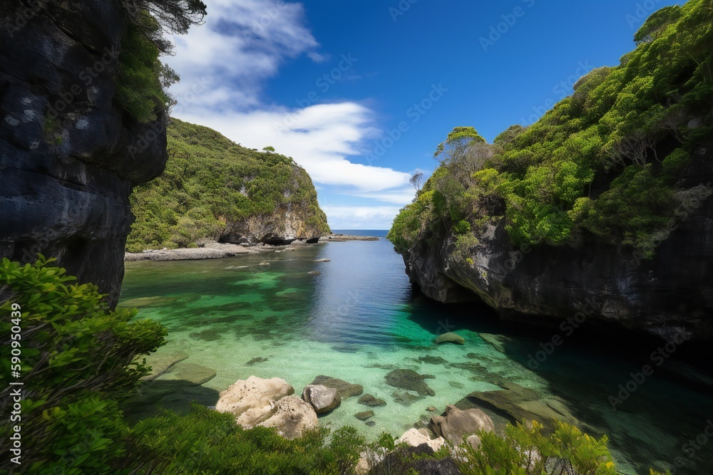Beach Landscape A tranquil lagoon surrounded by lush vegetation and dramatic cliffs, turquoise water, gentle waves, secluded location, vibrant green plants 4 - AI Generative