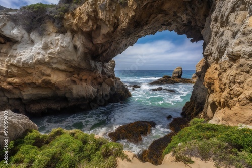 Beach Landscape A natural arch formed by the erosion of a rocky shoreline, weathered rock, smooth edges, ocean water beneath 1 - AI Generative