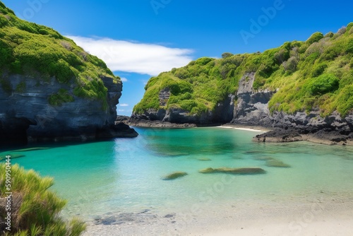 Beach Landscape A tranquil lagoon surrounded by lush vegetation and dramatic cliffs, turquoise water, gentle waves, secluded location, vibrant green plants 3- AI Generative © mfathur19