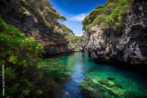 Beach Landscape A tranquil lagoon surrounded by lush vegetation and dramatic cliffs  turquoise water  gentle waves  secluded location  vibrant green plants 2- AI Generative