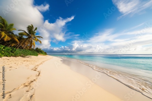 Beach Landscape he dramatic contrast of a pure white sand beach against the vibrant colors of the sea and sky, powdery sand, azure ocean, gradient sky 3 - AI Generative © mfathur19