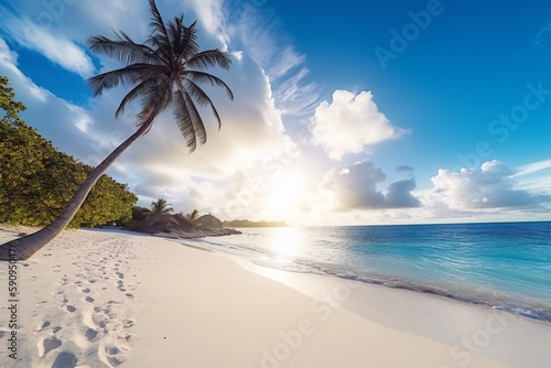 Beach Landscape he dramatic contrast of a pure white sand beach against the vibrant colors of the sea and sky  powdery sand  azure ocean  gradient sky 1 - AI Generative