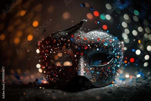 vibrant carnival mask with colorful lights in the background. Generative AI