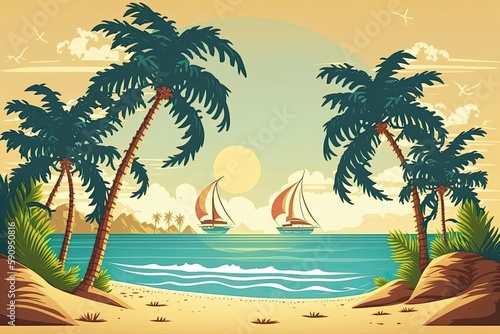 tropical beach with palm trees and a sailboat on the horizon. Generative AI