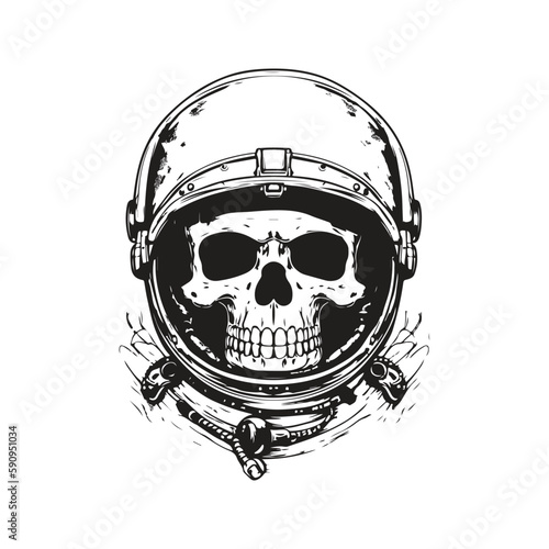 astronaut skull, vintage logo concept black and white color, hand drawn illustration