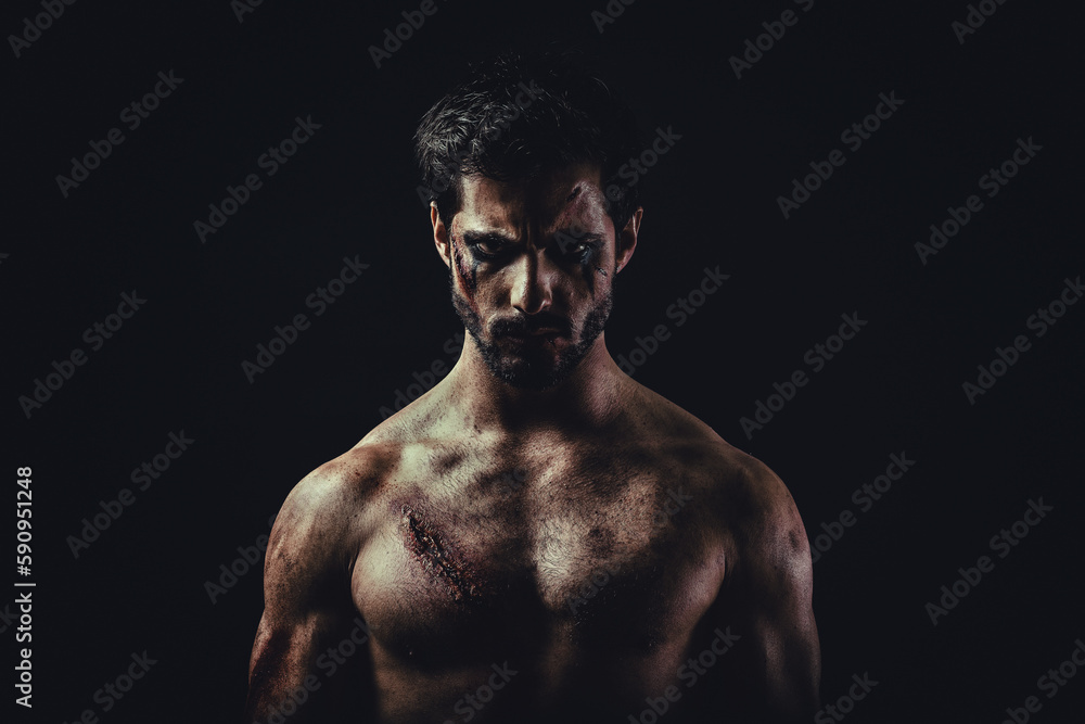 Portrait of a shirtless man after a fight Portrait of a shirtless man after a fight