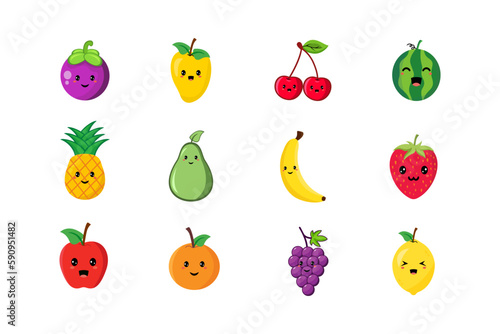 Cute kawaii fruits character vector design illustration colection