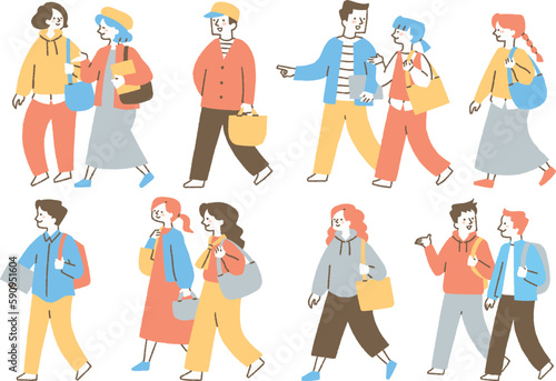 旅行に出かける若い男女_セット_色