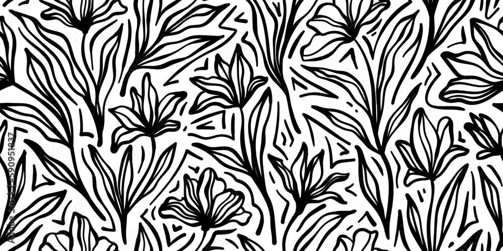 Leaves branch and Hand Drawn doodle Scribble floral plants banner. seamless pattern. Creative minimalist Abstract art background. Design wall decoration, postcard, poster or brochure Leaves branch and Hand Drawn doodle Scribble floral plants banner. seamless pattern. Creative minimalist Abstract art background. Design wall decoration, postcard, poster or brochure