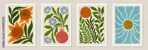 Set of trendy vintage wall prints with flowers, leaves, shapes. Modern aesthetic illustrations. Bohemian style Collection of contemporary artistic Design wall decoration, postcard, poster, brochure