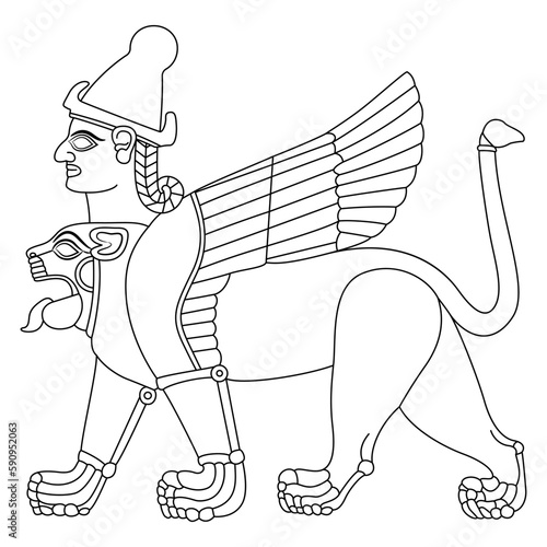 Fantastic sphynx. Winged lion with human head. Ancient Syrian design from Karkemish. Mesopotamian mythology. Black and white linear silhouette. photo