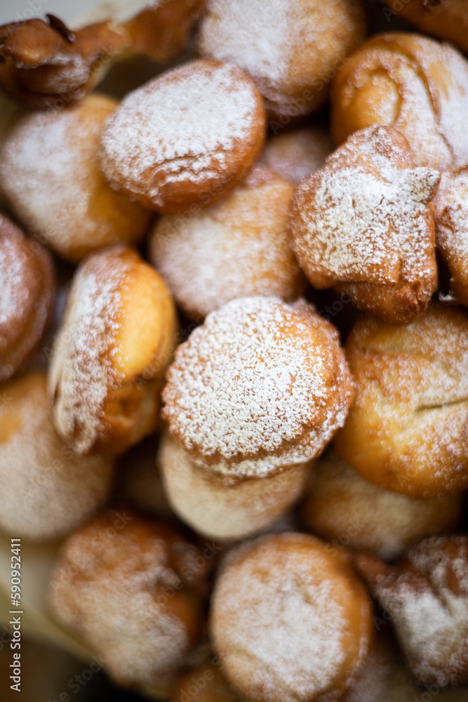 European Fried Easter Donuts with Sugar, Jam and Cream