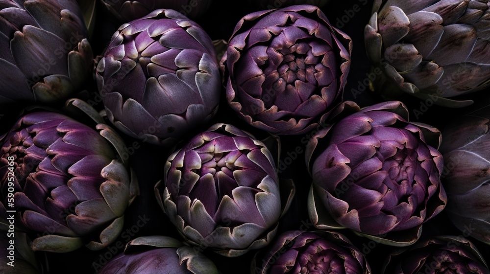 Fototapeta premium Purple artichocke on black, flat lay or top view, AI generative
