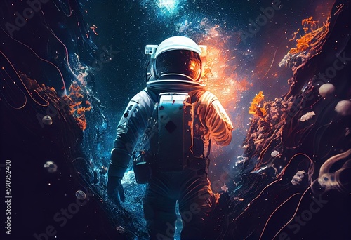 A stunning illustration of an astronaut in a suit exploring the depths of space  surrounded by magnificent breathtaking deep space imagery. Ai generated. Generative AI