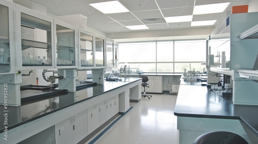 Scientific laboratory interior, research facilty, with white shelves and benches, modern design, AI generative Scientific laboratory interior, research facilty, with white shelves and benches, modern design, AI generative