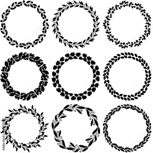Black decorative floral round frames. Vector element for greeting cards; lettering, invitations, place for text. Floral black outline borders.