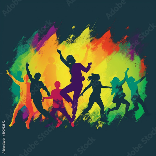 Dance logo  crowd of people dancing  silhouette with vibrant rainbow colors.