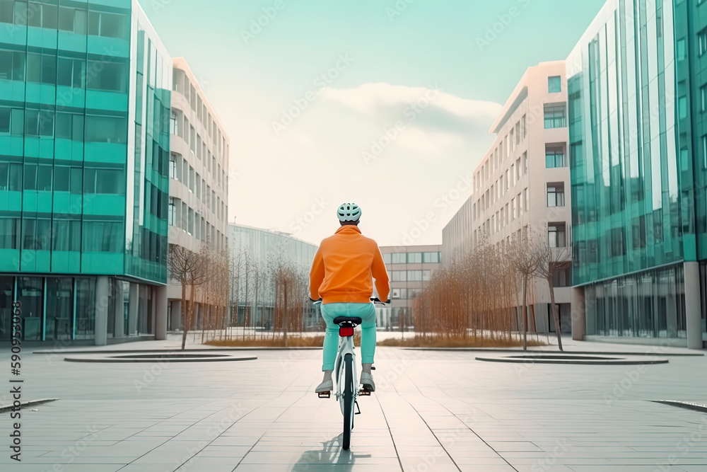Cyclist riding bicycle in futuristic green sustainable city without cars AI generative illustration