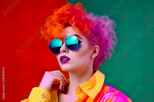 Colorful 80s Pop Glam Rock Cyclist Female in mirror sunglasses, vibrant colors, AI generative illustration