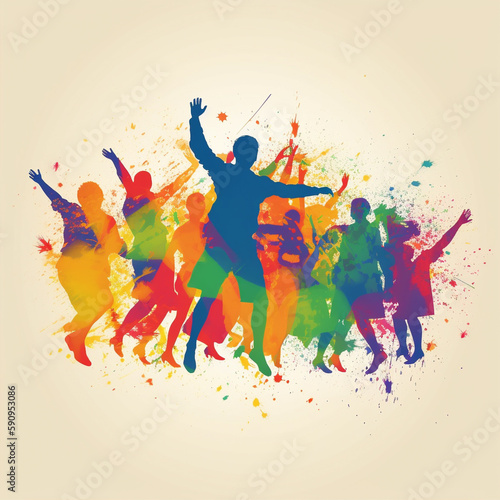 Dance logo, crowd of people dancing, silhouette with vibrant rainbow colors.