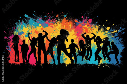 Dance logo  crowd of people dancing  silhouette with vibrant rainbow colors.