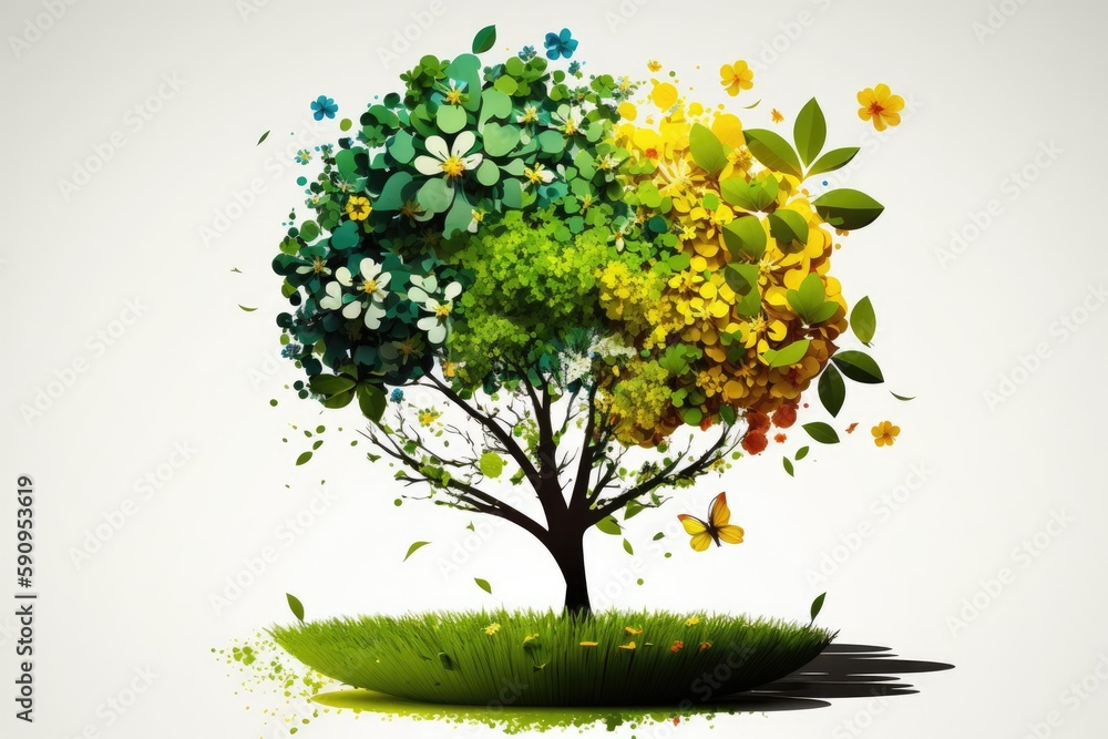 Fototapeta premium lush green tree surrounded by fluttering butterflies. Generative AI