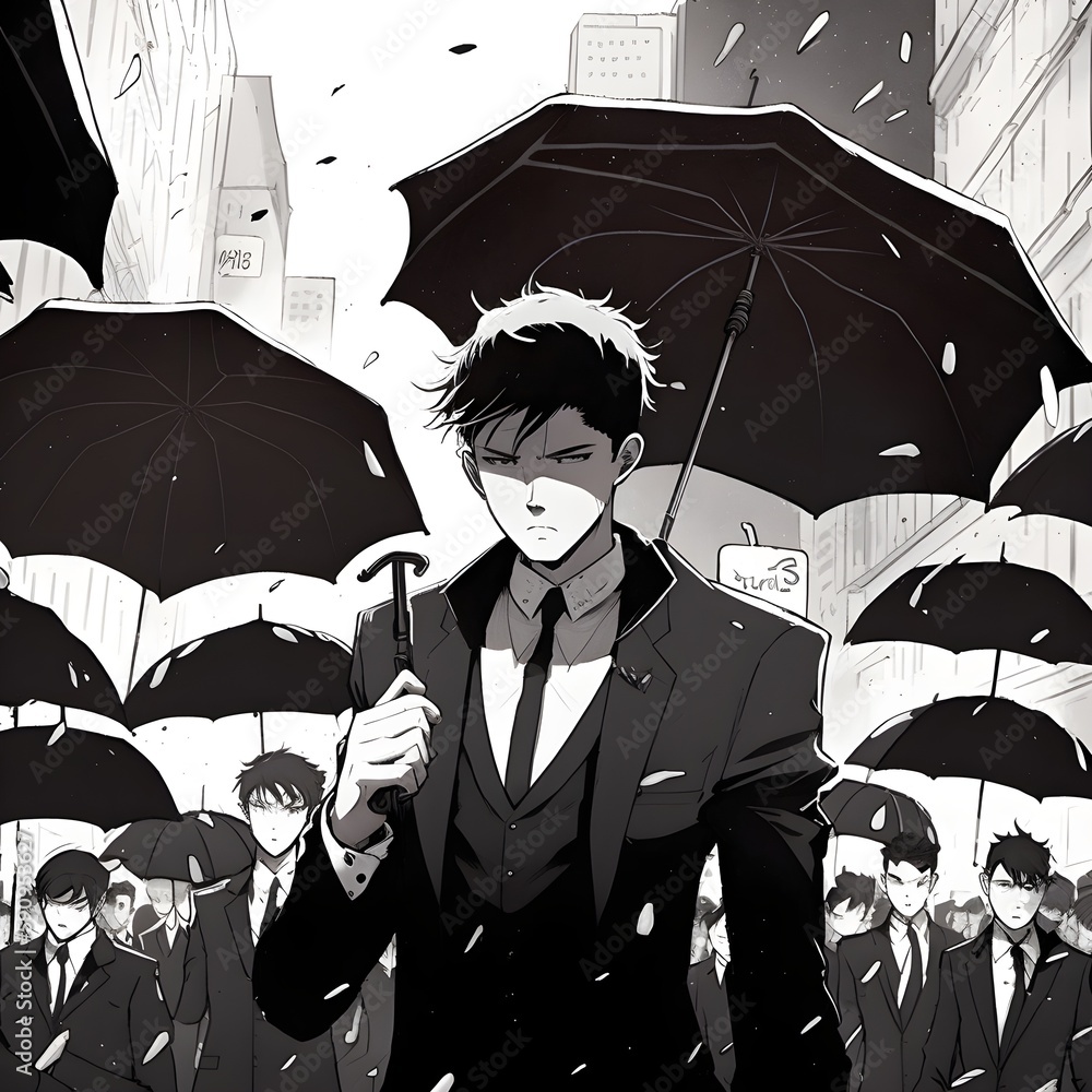 a dapper winking man in a black suit holding an umbrella above his head