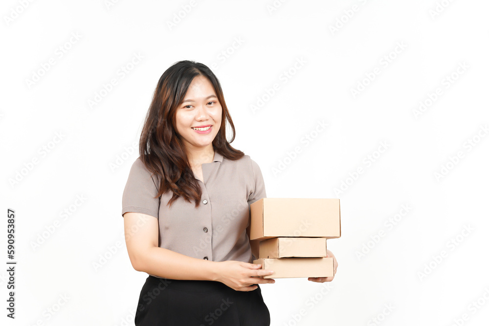 Holding Package Box or Cardboard Box Of Beautiful Asian Woman Isolated On White Background Holding Package Box or Cardboard Box Of Beautiful Asian Woman Isolated On White Background