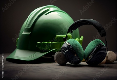 Green safety helmet or hard cap and earphones muffs on wihte background. Generative AI photo