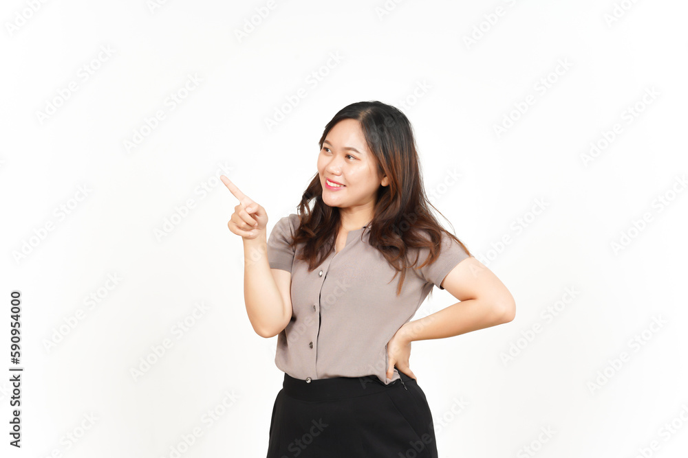 Showing Product and Pointing Side using forefinger Of Beautiful Asian Woman Isolated On White Showing Product and Pointing Side using forefinger Of Beautiful Asian Woman Isolated On White