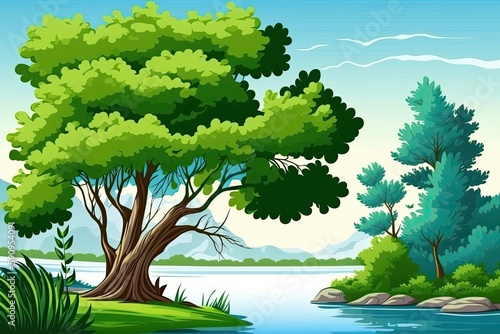 serene river landscape with lush green trees and grass. Generative AI