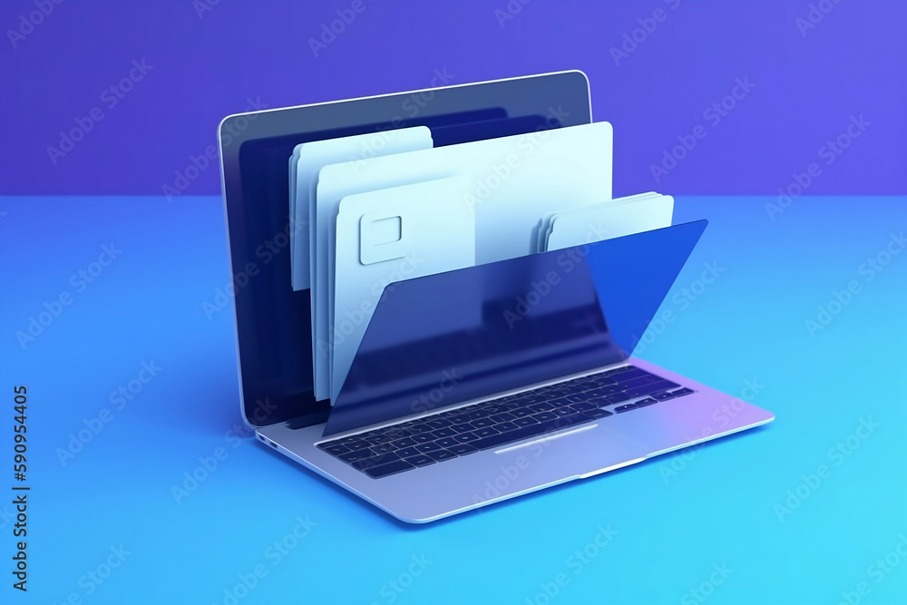 File folder on laptop screen, blue background. Generative AI File folder on laptop screen, blue background. Generative AI