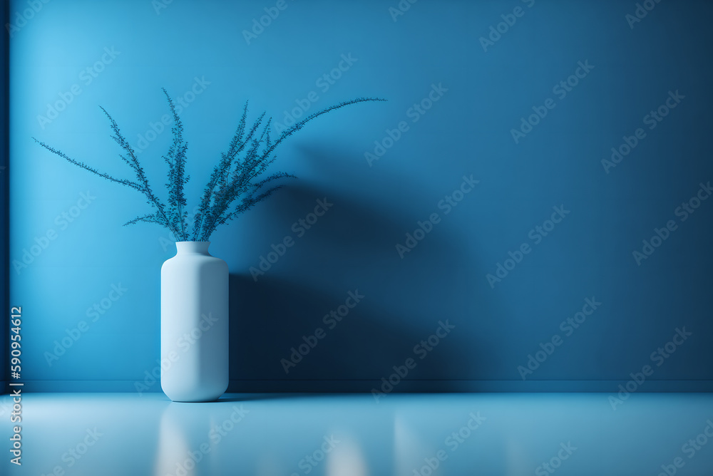 empty interior background, blue wall, a window, and a vase rendered in ...