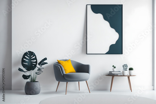 interior poster mock up living room with armchair on empty white wall background,3d rendering, generative ai