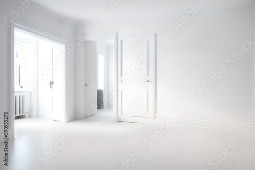 interior of a large empty restored living room with whitewashed walls, laminated floor, and white door, and generative ai 