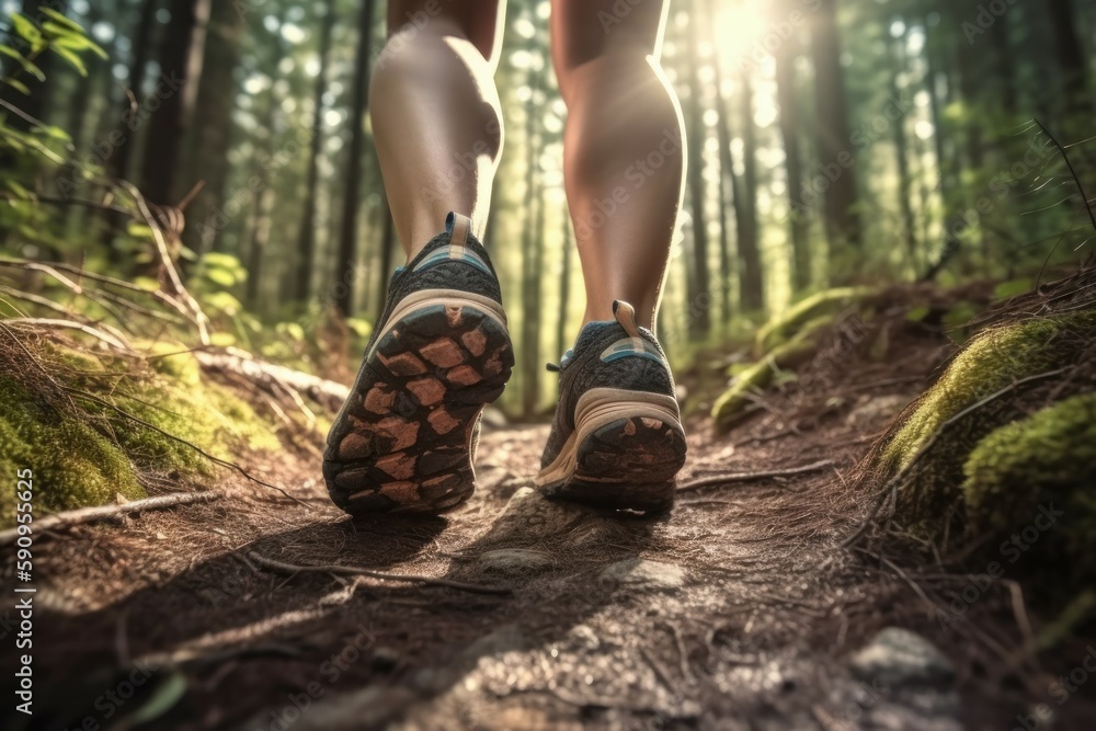 Legs of a woman jogging in the forest. Walking in nature in the fresh air after the rain. AI generated, human enhanced Legs of a woman jogging in the forest. Walking in nature in the fresh air after the rain. AI generated, human enhanced