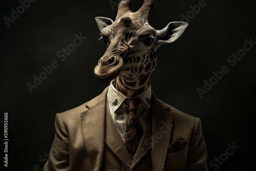 An anthropomorphic giraffe dressed in a business suit like a boss. AI generated, human enhanced