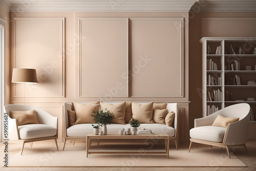 Interior of a beige room with two armchairs and a sofa, a wooden bookshelf with books and decorations, a carpet, and a parquet floor. Blank copy space frame poster mockup, 3D rendering, generative ai